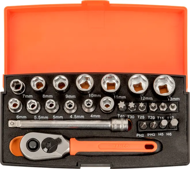 Topnøgle- og bitsæt i orange æske, indeholder skraldehåndtag, forlængerstang, forskellige toppe (4-13mm), Torx, unbrako og Phillips bits, alt organiseret i skumindsats.