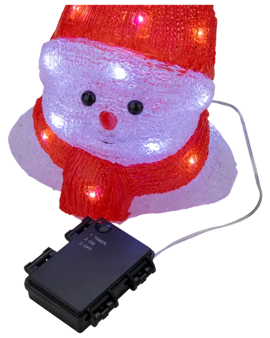 Lysande snögubbe med röd mössa och halsduk, klar texturerad kropp, svarta ögon, röd näsa samt batterilåda med timer och strömbrytare.