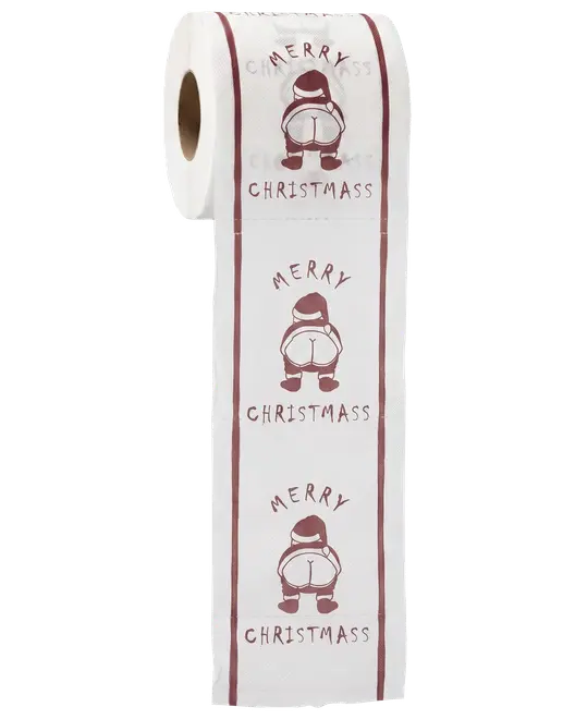 Hvid toiletrulle med mørkerødt julemotiv, Santa-figur og teksten "Merry Christmass".