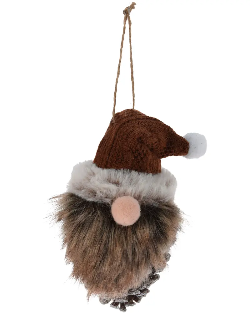 Julprydnad i form av tomte med brun stickad mössa, fuskpäls-skägg, rosa näsa och kottebas. Utrustad med snöre för enkel upphängning.