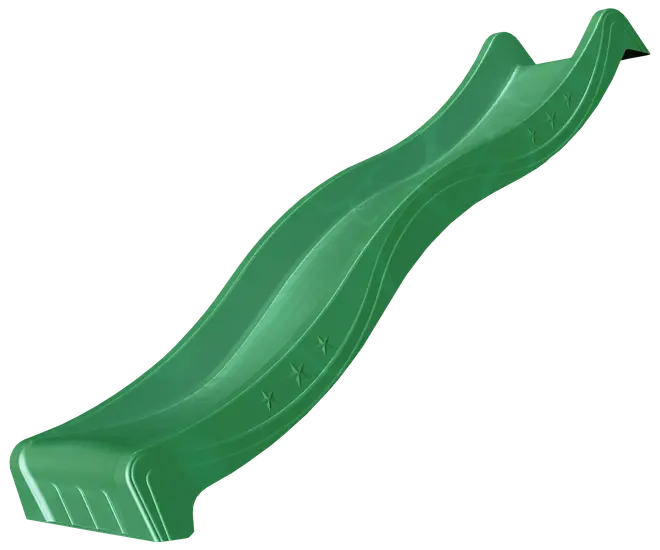 Grøn bølget plastikrutsjebane til legepladser, med støbte stjernedetaljer på siderne, høje sider for sikkerhed og glat overflade. Velegnet til udendørs legestativer.