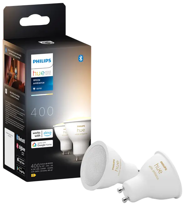 Philips Hue White Ambiance GU10 smarte LED-pærer, 400 lumen, kompatible med Alexa og Google Home, Bluetooth og Zigbee, justerbart hvidt lys, to pærer pr. pakke.