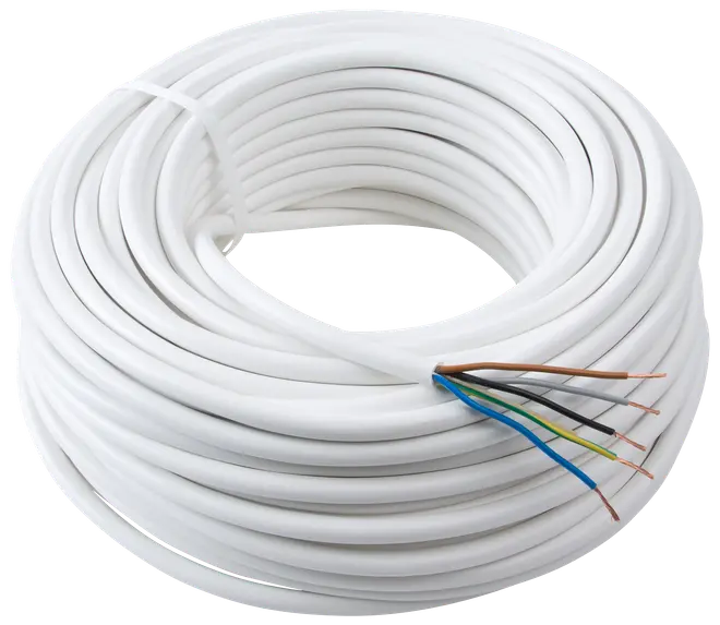 Oprullet hvidt elektrisk kabel med fem synlige farvede ledninger i den ene ende. Velegnet til indendørs elinstallationer, fleksibelt og med slidstærk isolering.