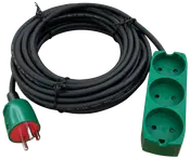 Grøn forlængerledning med tre runde stik og lang sort kabel, egnet til europæiske stik. Perfekt til at tilslutte flere enheder i hjemmet eller på kontoret.