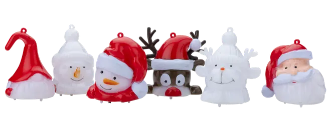Sæt med seks keramiske juleornamenter med nisse, snemænd, rensdyr og isbjørn, alle med festlige huer og malede detaljer. Blank finish, perfekte til julepynt.