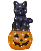 Halloween-dekoration med sort kat, der sidder på en udskåret orange græskar. Både kat og græskar har indbyggede hvide LED-lys for en festlig effekt.
