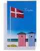 Kort med teksten 'Tillykke', danske flag og farverige vilde blomster som valmuer, margueritter og violer. Sommerfugle og hvid baggrund. Festligt og glædeligt design.