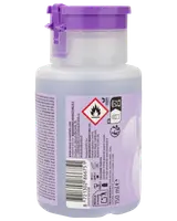 150 ml flaske neglelakfjerner med lilla pumpe, sikkerhedssymboler og produktinformation. Velegnet til effektiv fjernelse af neglelak. Vegansk og ikke testet på dyr.