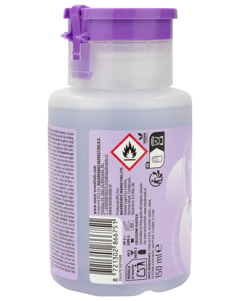 150 ml flaske neglelakfjerner med lilla pumpe, sikkerhedssymboler og produktinformation. Velegnet til effektiv fjernelse af neglelak. Vegansk og ikke testet på dyr.