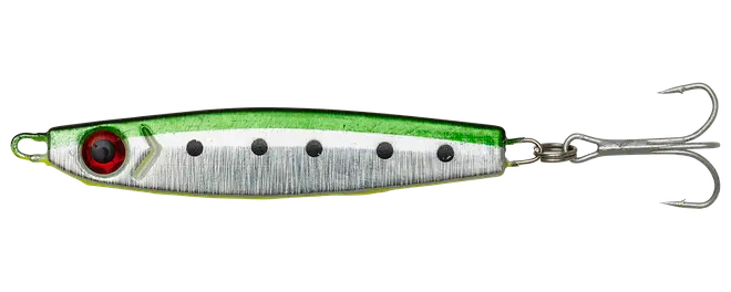 Silver- och grön fiskedrag med rött öga, svarta prickar och två trekrokar.