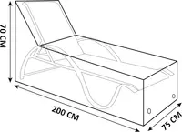 Udendørs loungestolsovertræk, rektangulær form, gennemsigtig med sort kant, passer til stole op til 200 cm lange, 75 cm brede og 70 cm høje. Beskytter møbler.