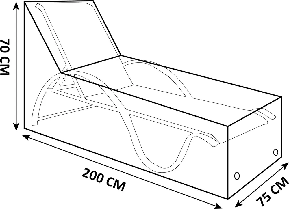 Udendørs loungestolsovertræk, rektangulær form, gennemsigtig med sort kant, passer til stole op til 200 cm lange, 75 cm brede og 70 cm høje. Beskytter møbler.