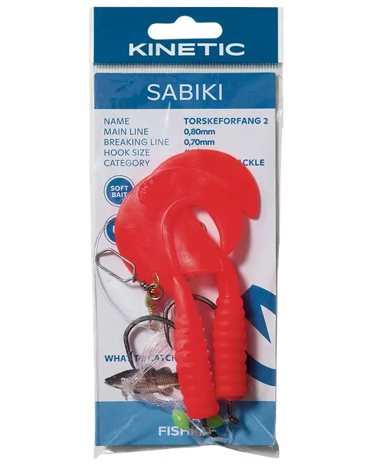 Kinetic Sabiki fiskerigpakke med to lyse røde bløde plastagn, kroge og forfang i gennemsigtig detailemballage.