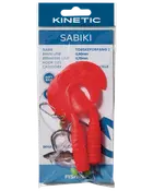 Kinetic Sabiki fiskerigpakke med to lyse røde bløde plastagn, kroge og forfang i gennemsigtig detailemballage.