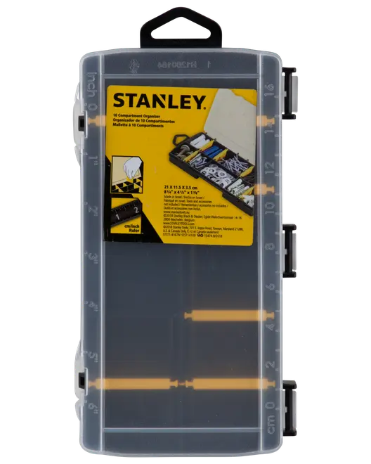 Stanley organizer med 10 rum, gennemsigtigt låg, sort bund, sikre sidelåse og indbygget måler. Perfekt til opbevaring af småting, værktøj eller hobbyartikler.