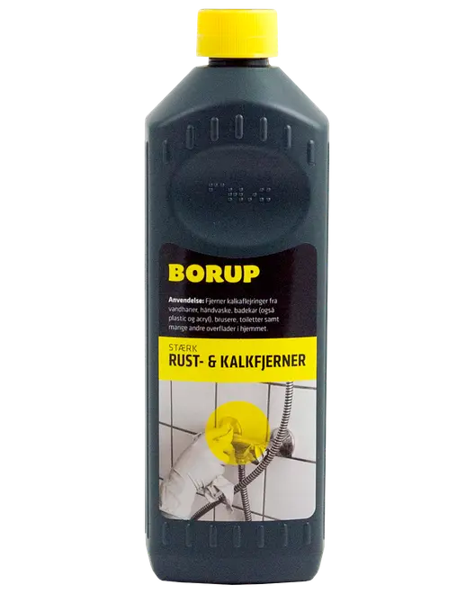 Borup Rust- og Kalkfjerner, 1-liters plastflaske med gul låg, fjerner rust og kalk fra vandhaner, håndvaske, badekar, brusere, toiletter og mange overflader i hjemmet.