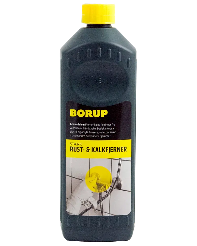Borup Rust- og Kalkfjerner, 1-liters plastflaske med gul låg, fjerner rust og kalk fra vandhaner, håndvaske, badekar, brusere, toiletter og mange overflader i hjemmet.
