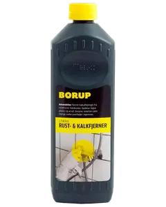 Borup Rust- og Kalkfjerner, 1-liters plastflaske med gul låg, fjerner rust og kalk fra vandhaner, håndvaske, badekar, brusere, toiletter og mange overflader i hjemmet.