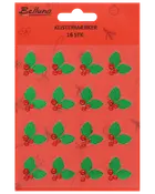 Ark med 16 klistermärken, varje med tre gröna järneksblad och tre röda bär. Passar till juldekoration eller presentinslagning.