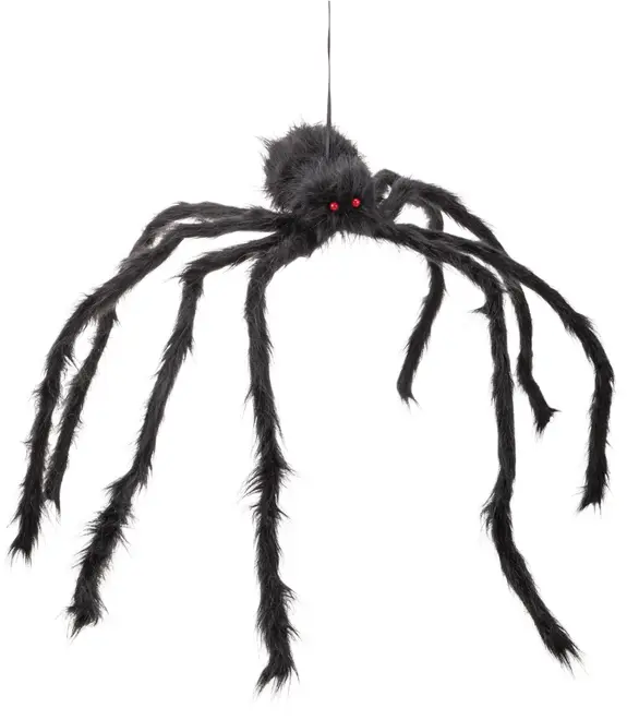 Stor svart, luddig spindeldekoration med åtta böjbara ben och två röda ögon, avsedd för upphängning. Perfekt för Halloween eller skrämmande teman.