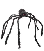 Stor svart, luddig spindeldekoration med åtta böjbara ben och två röda ögon, avsedd för upphängning. Perfekt för Halloween eller skrämmande teman.