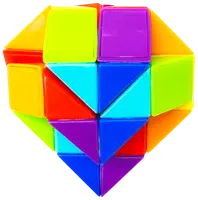 Hjerteformet puslespilslegetøj med sammenlåsende farverige plastikstykker i gul, lilla, blå, rød, orange og grøn. Hver del har blank overflade og geometrisk design.