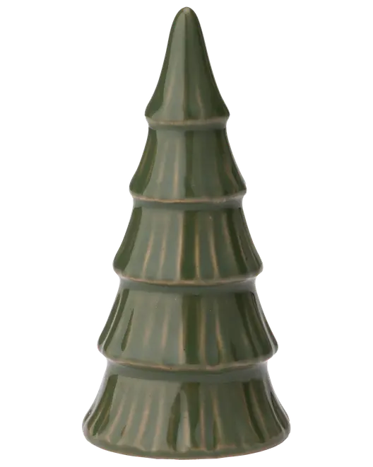 Blank grøn keramisk juletræsfigur med lagdelte, riflede sektioner og spids top.