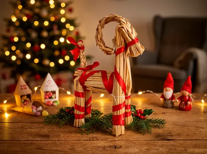 Julenegleget figur af halm formet som en ged, pyntet med rødt bånd. Står på et træbord med gran og julepynt. Perfekt til juledekoration. - Billedet er skabt med AI