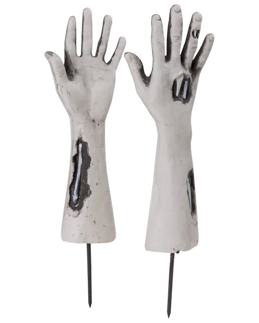 Par realistiska zombihänder med markspett, vita med svarta sår och ben, perfekta för Halloween-utomhusdekoration. Varje hand har en metallspett för enkel placering.