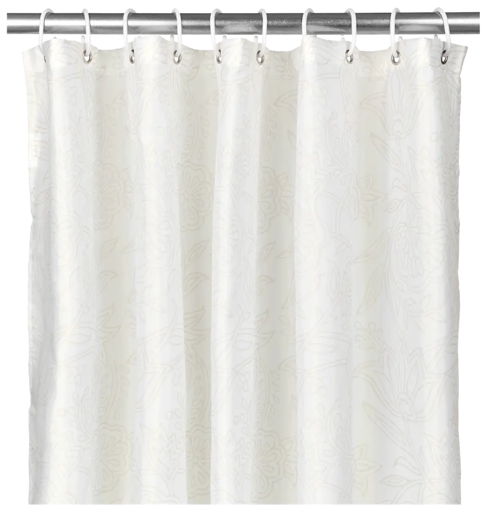 Hvidt badeforhæng med diskret blomster mønster, metaløjer til kroge, let stof. Elegant og enkelt design til moderne badeværelser. Kroge og stang medfølger ikke.