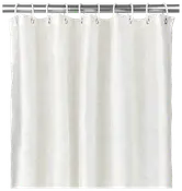 Vit duschdraperi med diskret blommönster, metallöljetter för krokar, lätt tyg. Elegant och enkel design för moderna badrum. Krokar och stång ingår ej.