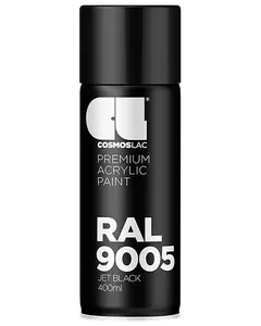 Cosmoslac RAL 9005 jet sort premium akryl spraymaling, 400ml dåse. Mat sort finish, egnet til forskellige overflader. Nem aerosol til jævn dækning.