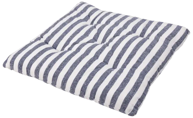 Rektangulär dyna med blå och vita vertikala ränder, vadderad och sydd för extra komfort. Passar till stolar eller bänkar, ger stöd och modern stil.