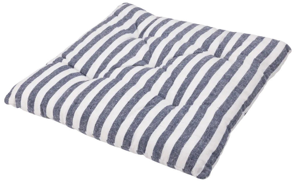 Rektangulär dyna med blå och vita vertikala ränder, vadderad och sydd för extra komfort. Passar till stolar eller bänkar, ger stöd och modern stil.