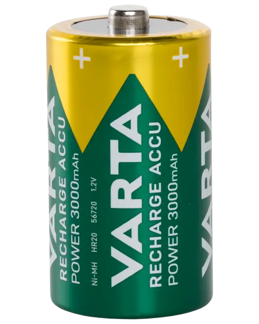 Varta uppladdningsbart D-batteri, 1,2V, 3000mAh kapacitet, Ni-MH. Grön och gul hylsa med vit text, passar för kraftfulla enheter och upprepad laddning.