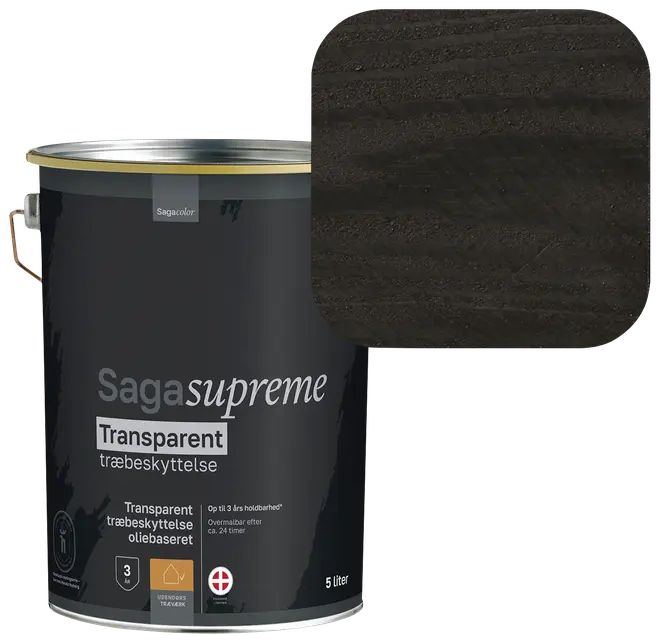 5 liters spand Saga Supreme transparent træbeskyttelse, oliebaseret, til udendørs brug. Farveprøven viser en mørkebrun-sort træfinish med synlig årestruktur.
