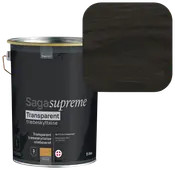 5 liters spand Saga Supreme transparent træbeskyttelse, oliebaseret, til udendørs brug. Farveprøven viser en mørkebrun-sort træfinish med synlig årestruktur.