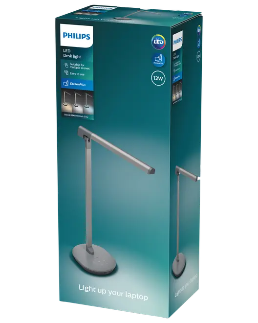 Philips LED skrivebordslampe, 12W, egnet til flere skærme, nem at bruge, slankt moderne design i mørkegrå, justerbar arm, ideel til belysning af bærbar.