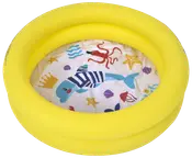 Gul oppustelig børnepool med to ringe og farverigt havtema i bunden med tegneserie-delfin, blæksprutte, søstjerne og muslingeskaller. Velegnet til små børn.