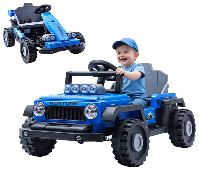 Blå elbil til børn, designet som en terrængående jeep med store hjul, forlygter og rat. Har "Venture" logo og realistiske detaljer til eventyrlig leg.