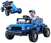 Blå elbil til børn, designet som en terrængående jeep med store hjul, forlygter og rat. Har "Venture" logo og realistiske detaljer til eventyrlig leg.