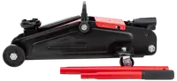Robust hydraulisk donkraft med sort og rød stålkonstruktion, to hjul og aftageligt håndtag. Ideel til løft af køretøjer ved vedligeholdelse eller reparation. Kompakt og holdbar.