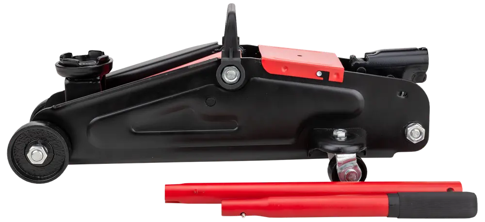 Robust hydraulisk donkraft med sort og rød stålkonstruktion, to hjul og aftageligt håndtag. Ideel til løft af køretøjer ved vedligeholdelse eller reparation. Kompakt og holdbar.