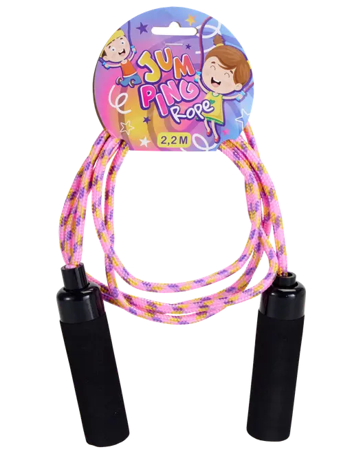 Hopprep för barn, 2,2 meter långt, med svarta plasthandtag och färgglatt flätat rep i rosa, gult och lila. Rolig för sopackning med tecknade barn.