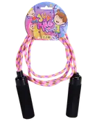 Hopprep för barn, 2,2 meter långt, med svarta plasthandtag och färgglatt flätat rep i rosa, gult och lila. Rolig för sopackning med tecknade barn.