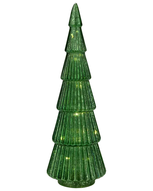 Grønt juletræ i glas med rillet struktur, etagelook og indbyggede varme LED-lys. Moderne og festlig borddekoration til julehjemmet.