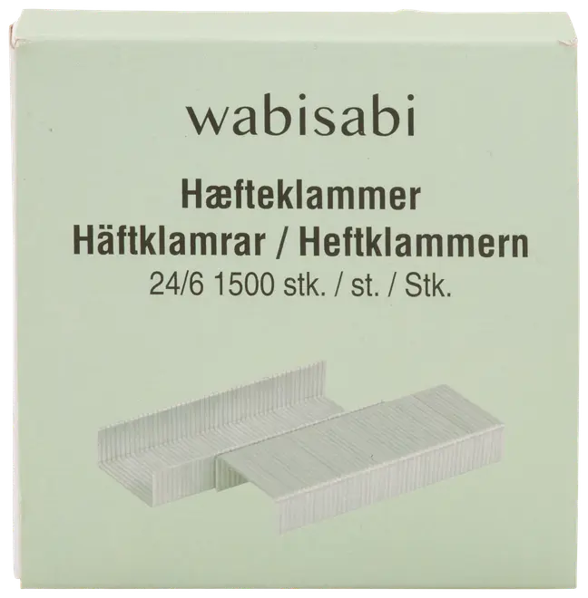 Ask med Wabisabi 24/6 häftklamrar, 1500 st. Silverfärgade metallklamrar visas staplade. Enkel, ljusgrön förpackning med produktinformation.