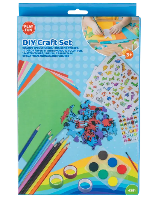 DIY-kreativ sæt med farvet papir, klistermærker, farveblyanter, vandfarver, pensel, tape og skumdyr. Velegnet til børn fra 3 år. Perfekt til kreative aktiviteter.