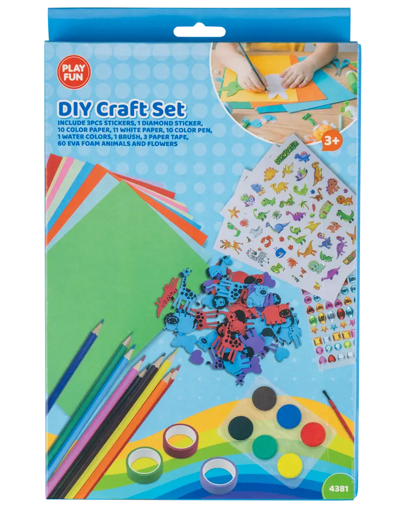 DIY-kreativ sæt med farvet papir, klistermærker, farveblyanter, vandfarver, pensel, tape og skumdyr. Velegnet til børn fra 3 år. Perfekt til kreative aktiviteter.