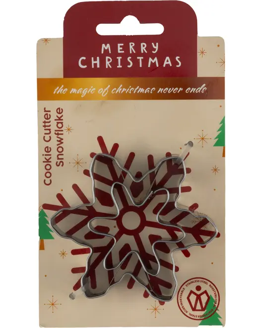 Snefnugformet kageudstikker i rustfrit stål, pakket på et juletema-kort. Perfekt til julebagning, holdbar og nem at rengøre.